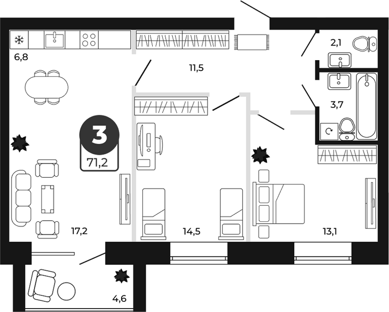 Планировка 3е-к.кв 68.90 м² в ЖК «Атмосфера»