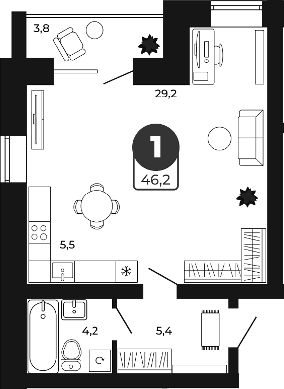 Планировка студии 44.30 м² в ЖК «Атмосфера»