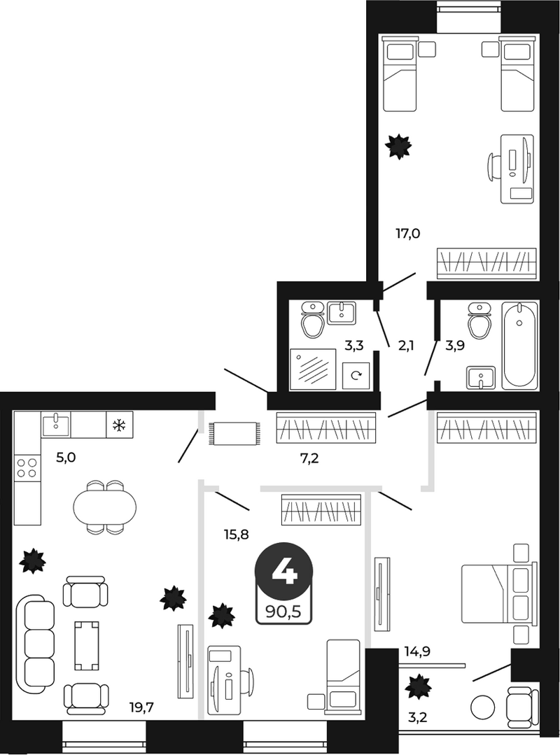 Планировка 4е-к.кв 88.90 м² в ЖК «Атмосфера»