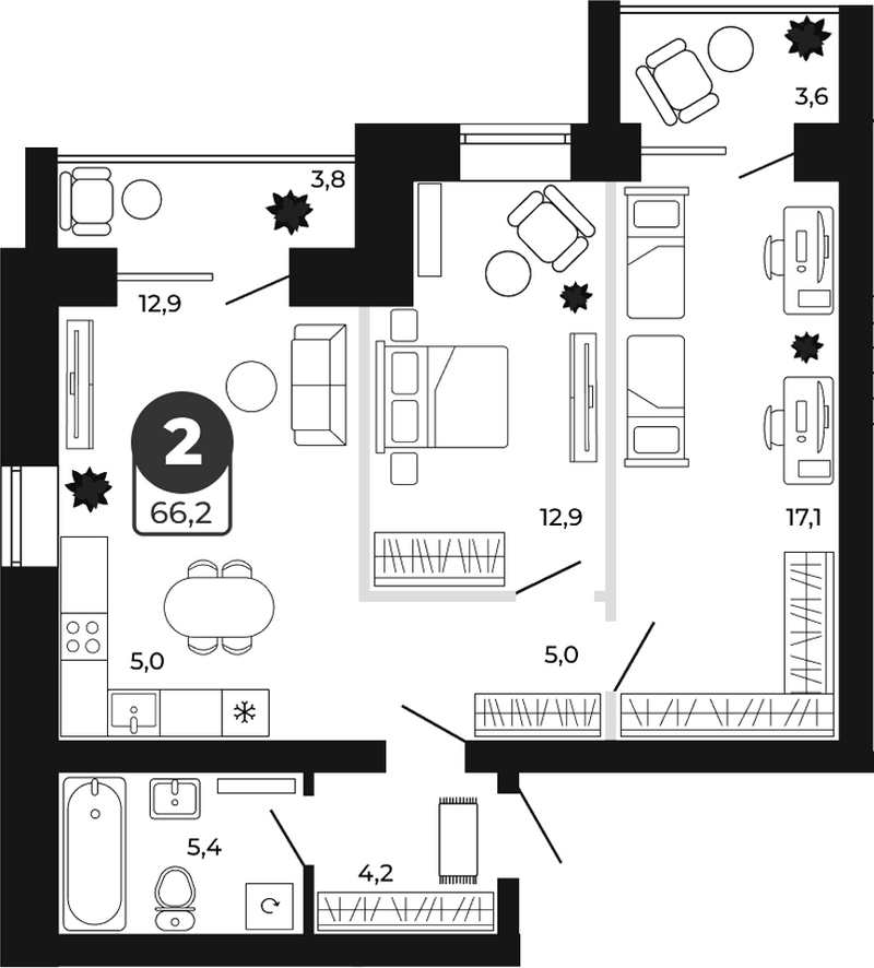 Планировка 3е-к.кв 62.50 м² в ЖК «Атмосфера»