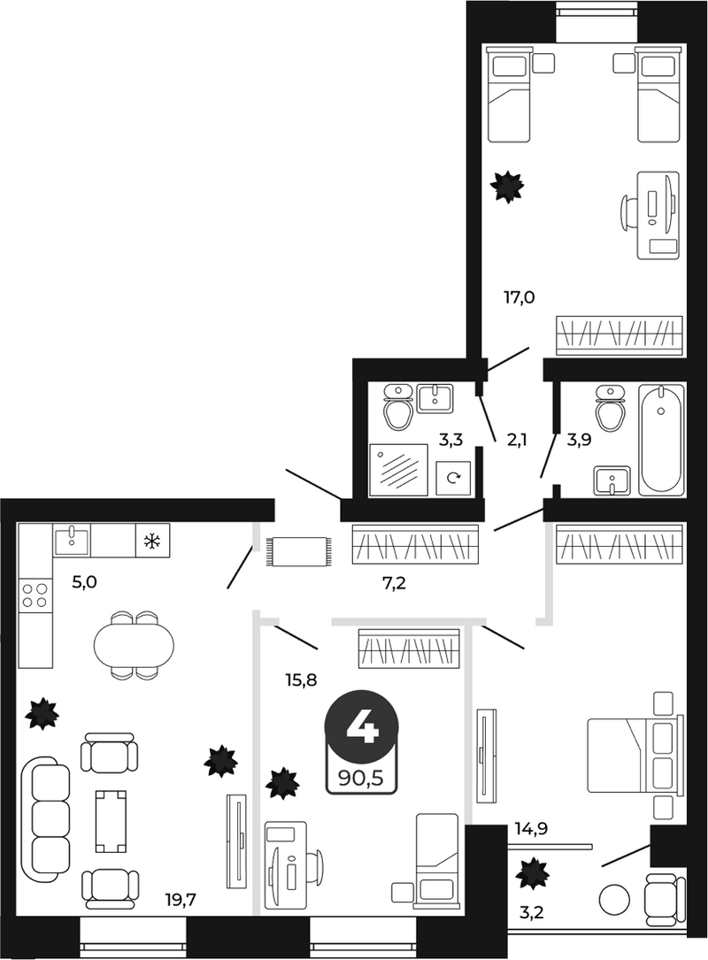 Планировка 4е-к.кв 88.90 м² в ЖК «Атмосфера»