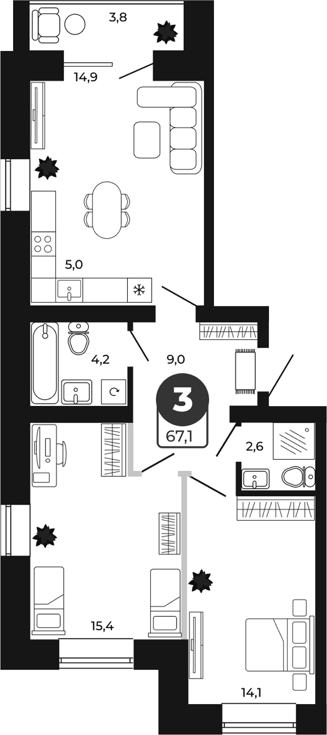 Планировка 3е-к.кв 65.20 м² в ЖК «Атмосфера»