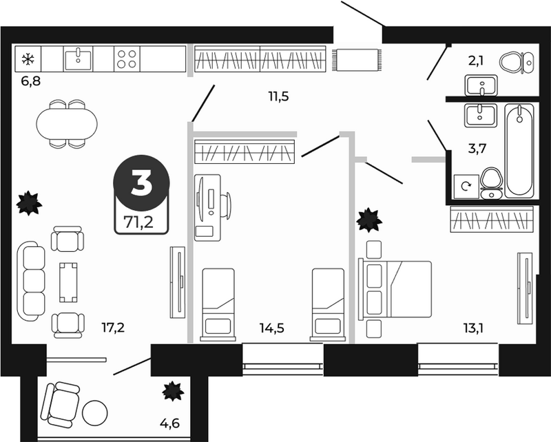Планировка 3е-к.кв 68.90 м² в ЖК «Атмосфера»