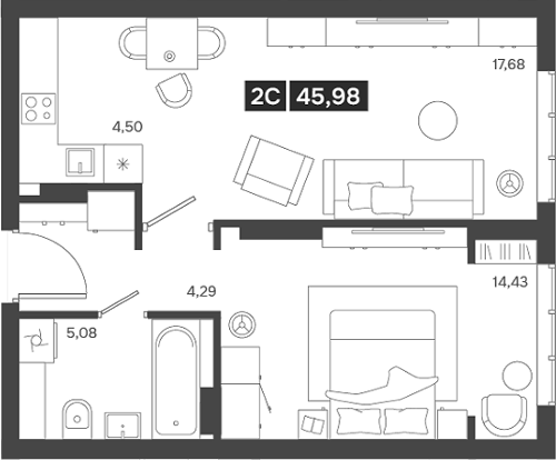 Планировка 2е-к.кв 45.98 м² в ЖК «Ньютон»