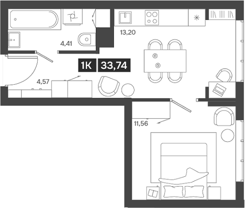 Планировка 1-к.кв 33.74 м² в ЖК «Ньютон»