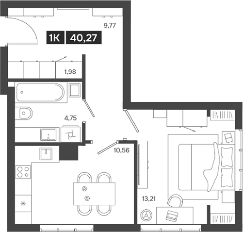 Планировка 1-к. квартира 40.27 м² в ЖК «Ньютон»