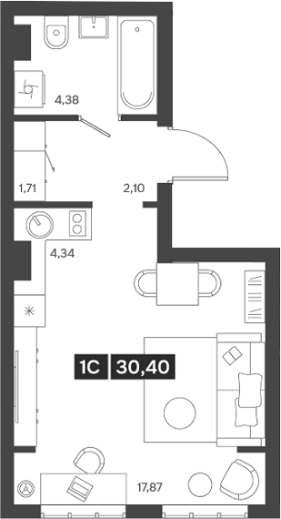 Планировка студии 30.40 м² в ЖК «Ньютон»
