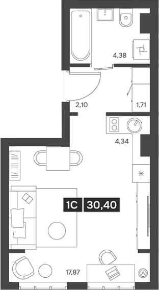 Планировка студии 30.40 м² в ЖК «Ньютон»