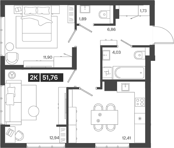Планировка 2-к.кв 51.76 м² в ЖК «Ньютон»