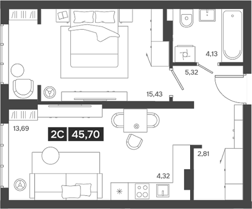 Планировка 2е-к.кв 45.70 м² в ЖК «Ньютон»