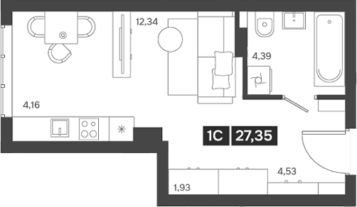 Планировка студии 27.35 м² в ЖК «Ньютон»