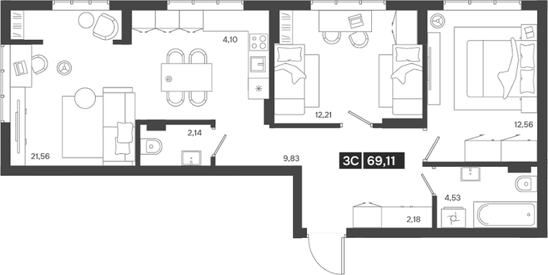 Планировка 3е-к.кв 69.11 м² в ЖК «Ньютон»