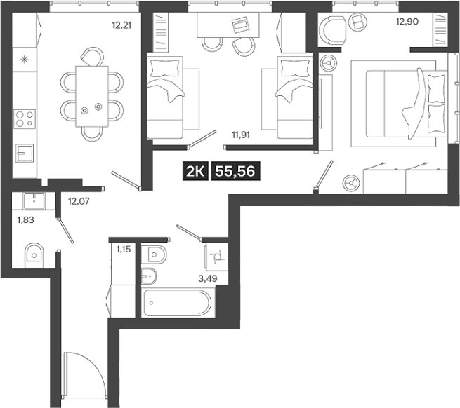 Планировка 2-к.кв 55.56 м² в ЖК «Ньютон»