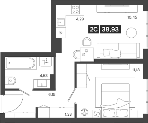 Планировка 2е-к.кв 37.93 м² в ЖК «Ньютон»