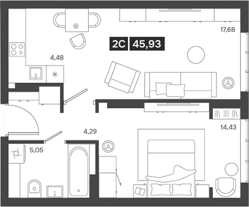 Планировка 2е-к.кв 45.93 м² в ЖК «Ньютон»