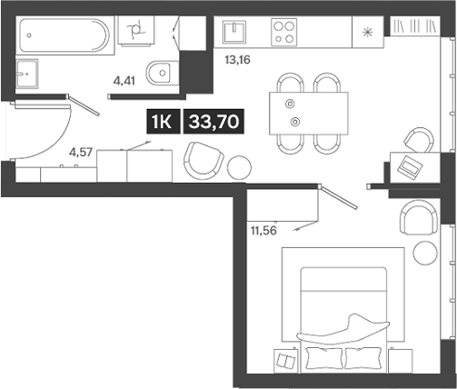 Планировка 1-к. квартира 33.70 м² в ЖК «Ньютон»