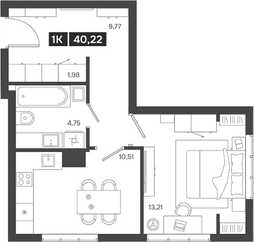Планировка 1-к.кв 40.22 м² в ЖК «Ньютон»