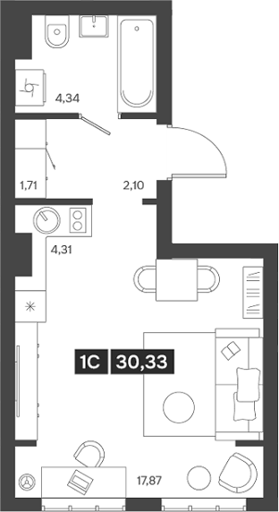 Планировка студии 30.33 м² в ЖК «Ньютон»