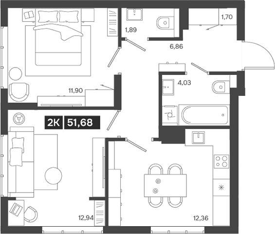 Планировка 2-к.кв 51.68 м² в ЖК «Ньютон»