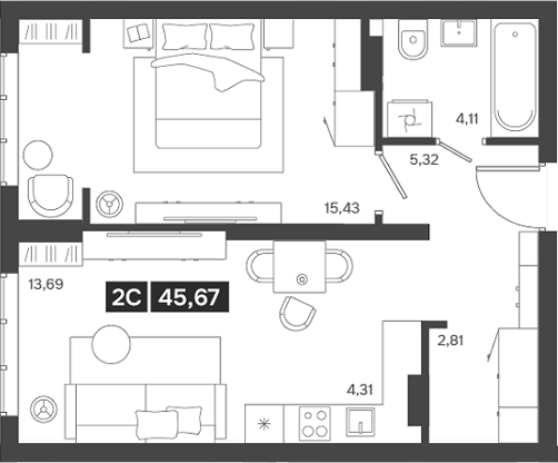 Планировка 2е-к.кв 45.67 м² в ЖК «Ньютон»