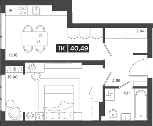 Планировка 1-к. квартира 40.49 м² в ЖК «Ньютон»