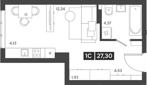 Планировка студии 27.30 м² в ЖК «Ньютон»