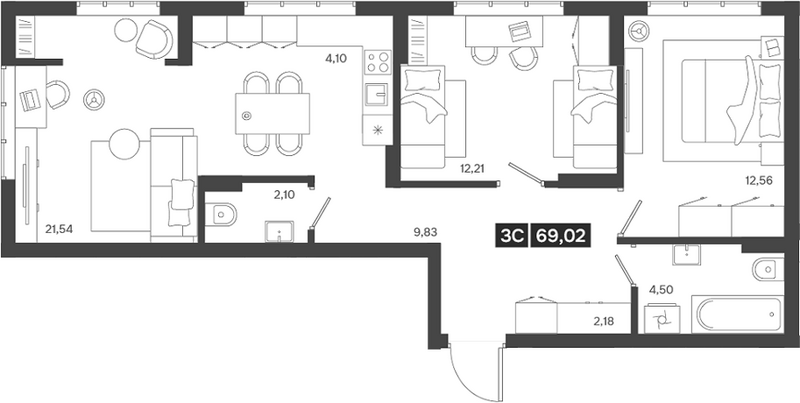 Планировка 3е-к.кв 69.02 м² в ЖК «Ньютон»