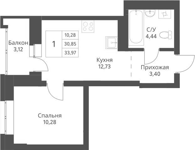 Планировка 1-к.кв 30.85 м² в ЖК «Актив»
