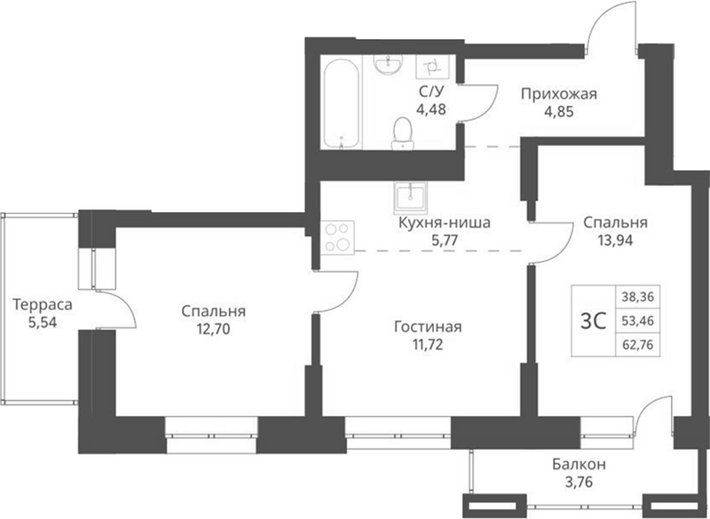 Планировка 3е-к.кв 53.46 м² в ЖК «Актив»
