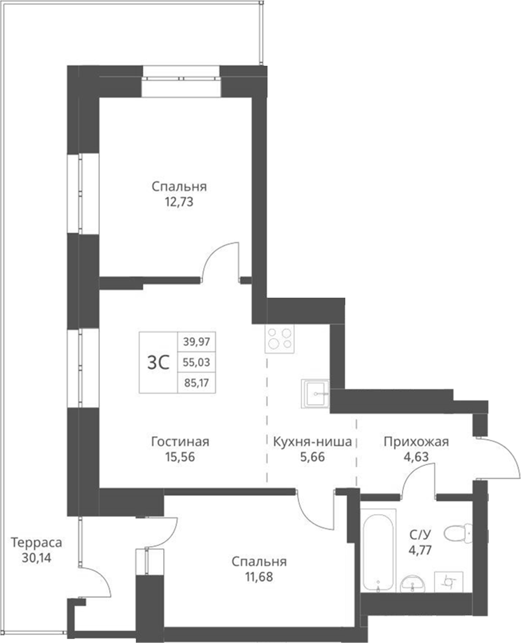 Планировка 3е-к.кв 55.03 м² в ЖК «Актив»