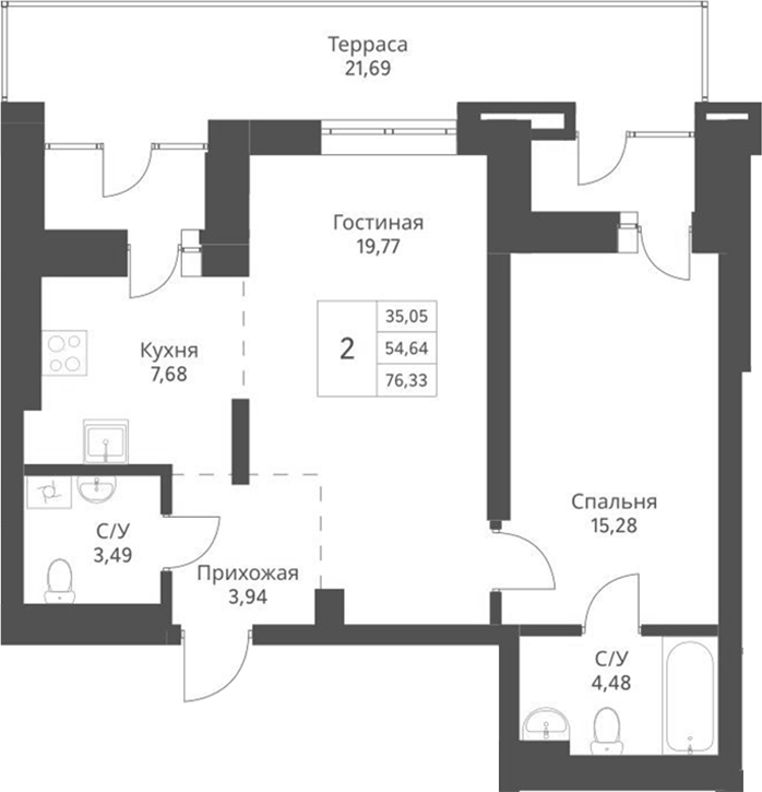 Планировка 2-к.кв 54.64 м² в ЖК «Актив»