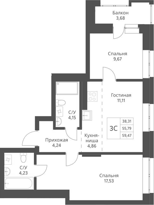 Планировка 3е-к.кв 55.79 м² в ЖК «Актив»