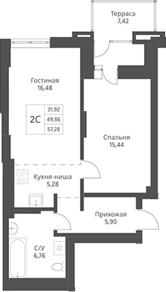 Планировка 2е-к.кв 49.86 м² в ЖК «Актив»