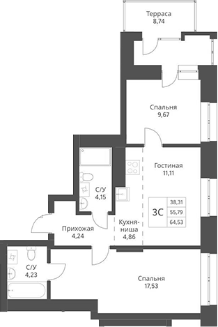 Планировка 3е-к.кв 55.79 м² в ЖК «Актив»