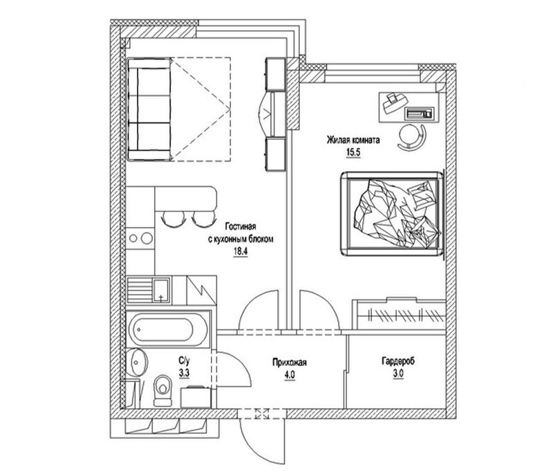 Планировка 1-к.кв 45.60 м² в ЖК «Солнечный бульвар. Кемерово»