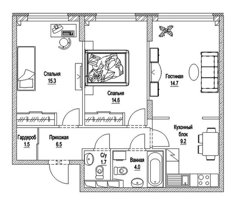 Планировка 3-к.кв 71.00 м² в ЖК «Солнечный бульвар. Кемерово»
