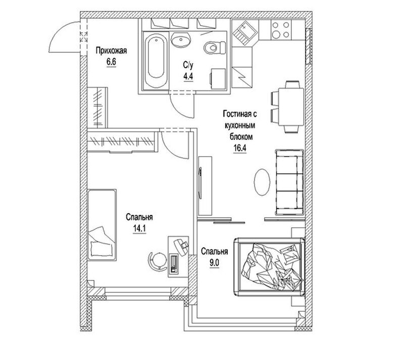Планировка 2-к.кв 53.20 м² в ЖК «Солнечный бульвар. Кемерово»