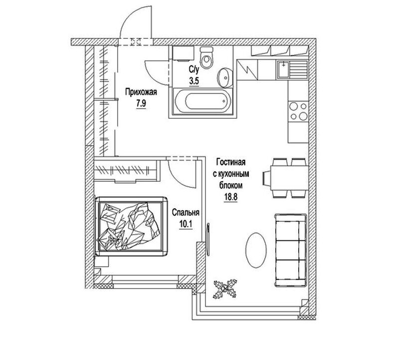 Планировка 1-к.кв 43.20 м² в ЖК «Солнечный бульвар. Кемерово»