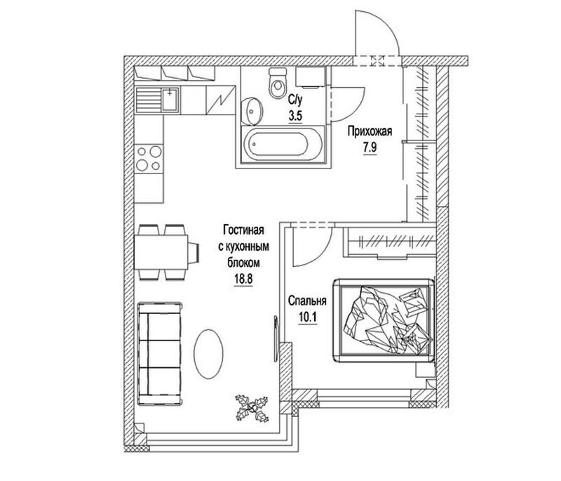 Планировка 1-к.кв 43.20 м² в ЖК «Солнечный бульвар. Кемерово»