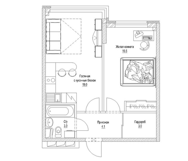 Планировка 1-к.кв 46.40 м² в ЖК «Солнечный бульвар. Кемерово»