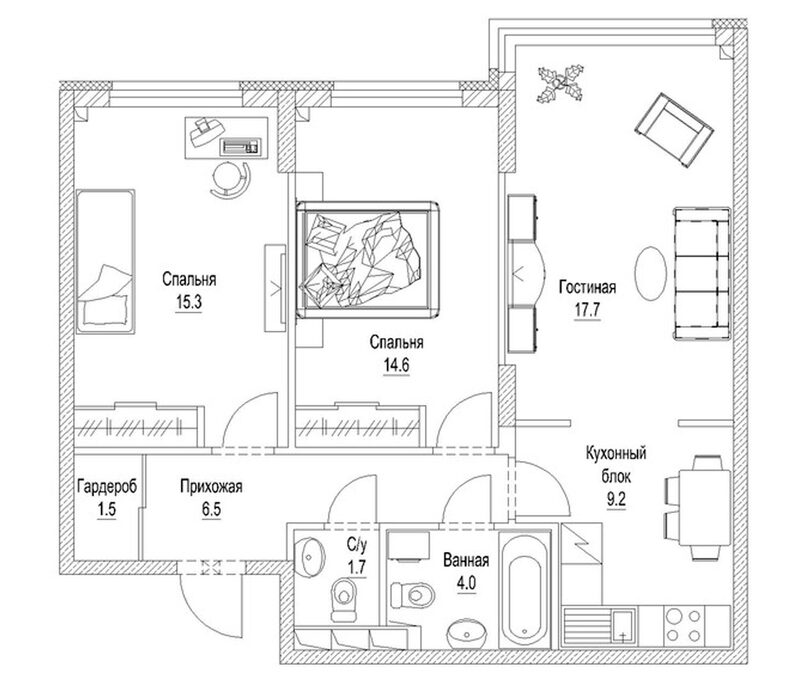 Планировка 3-к.кв 73.80 м² в ЖК «Солнечный бульвар. Кемерово»