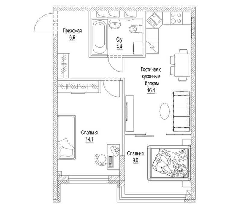 Планировка 2-к.кв 53.20 м² в ЖК «Солнечный бульвар. Кемерово»