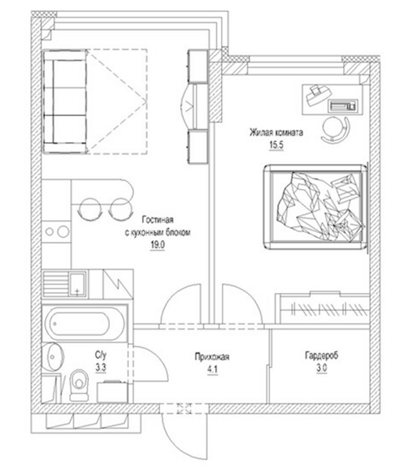 Планировка 1-к.кв 46.40 м² в ЖК «Солнечный бульвар. Кемерово»