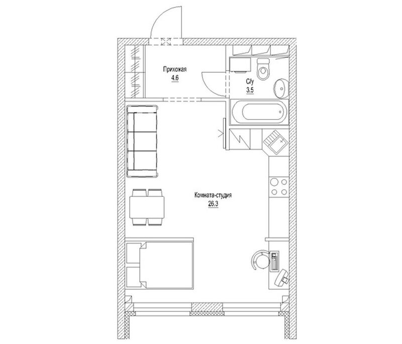 Планировка студии 36.10 м² в ЖК «Солнечный бульвар. Кемерово»