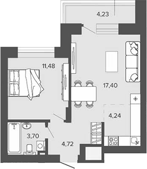 Планировка 1-к.кв 41.54 м² в ЖК «Прованс»