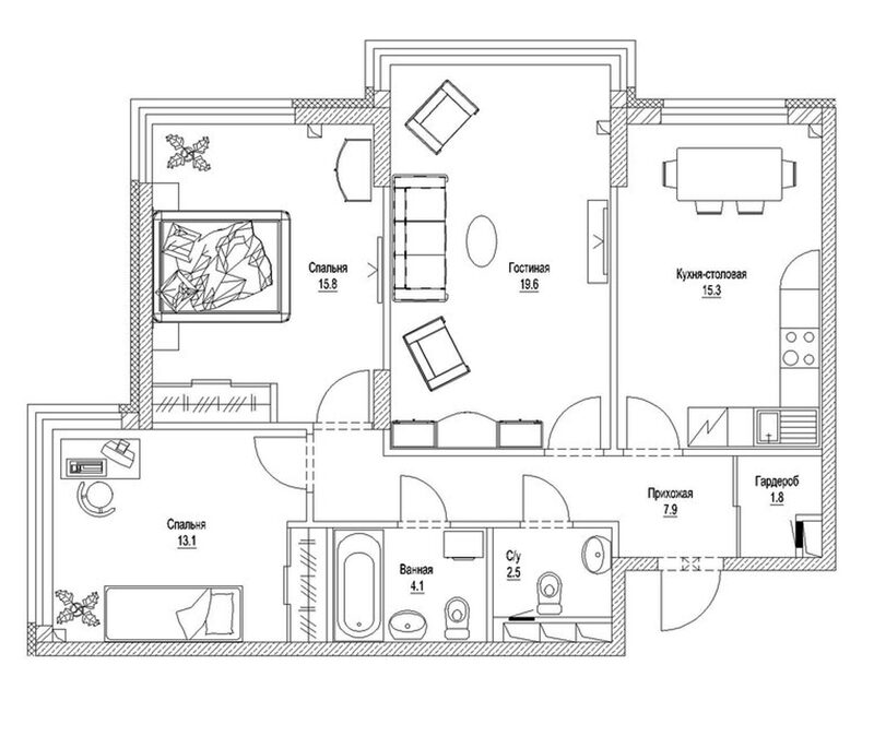 Планировка 3-к.кв 83.70 м² в ЖК «Солнечный бульвар. Кемерово»
