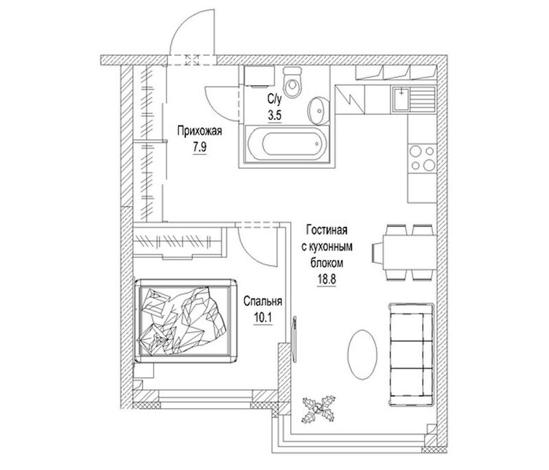 Планировка 1-к.кв 43.20 м² в ЖК «Солнечный бульвар. Кемерово»