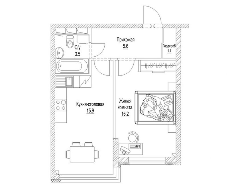 Планировка 1-к.кв 43.20 м² в ЖК «Солнечный бульвар. Кемерово»