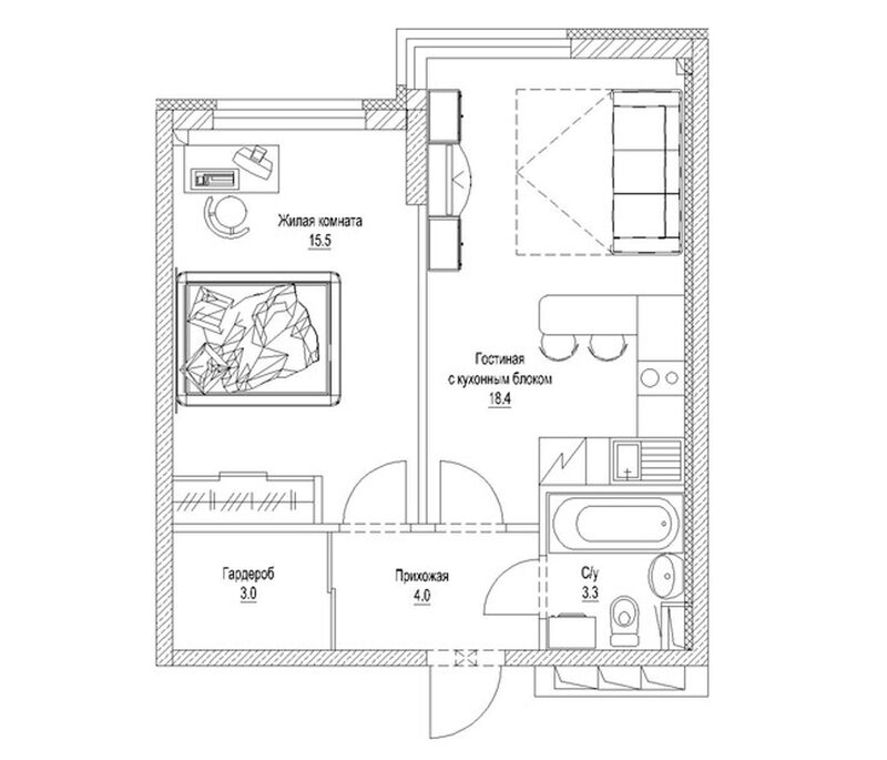Планировка 1-к.кв 45.70 м² в ЖК «Солнечный бульвар. Кемерово»
