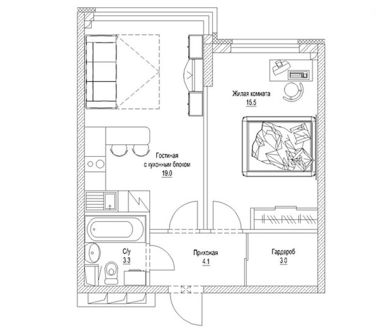 Планировка 1-к.кв 46.40 м² в ЖК «Солнечный бульвар. Кемерово»